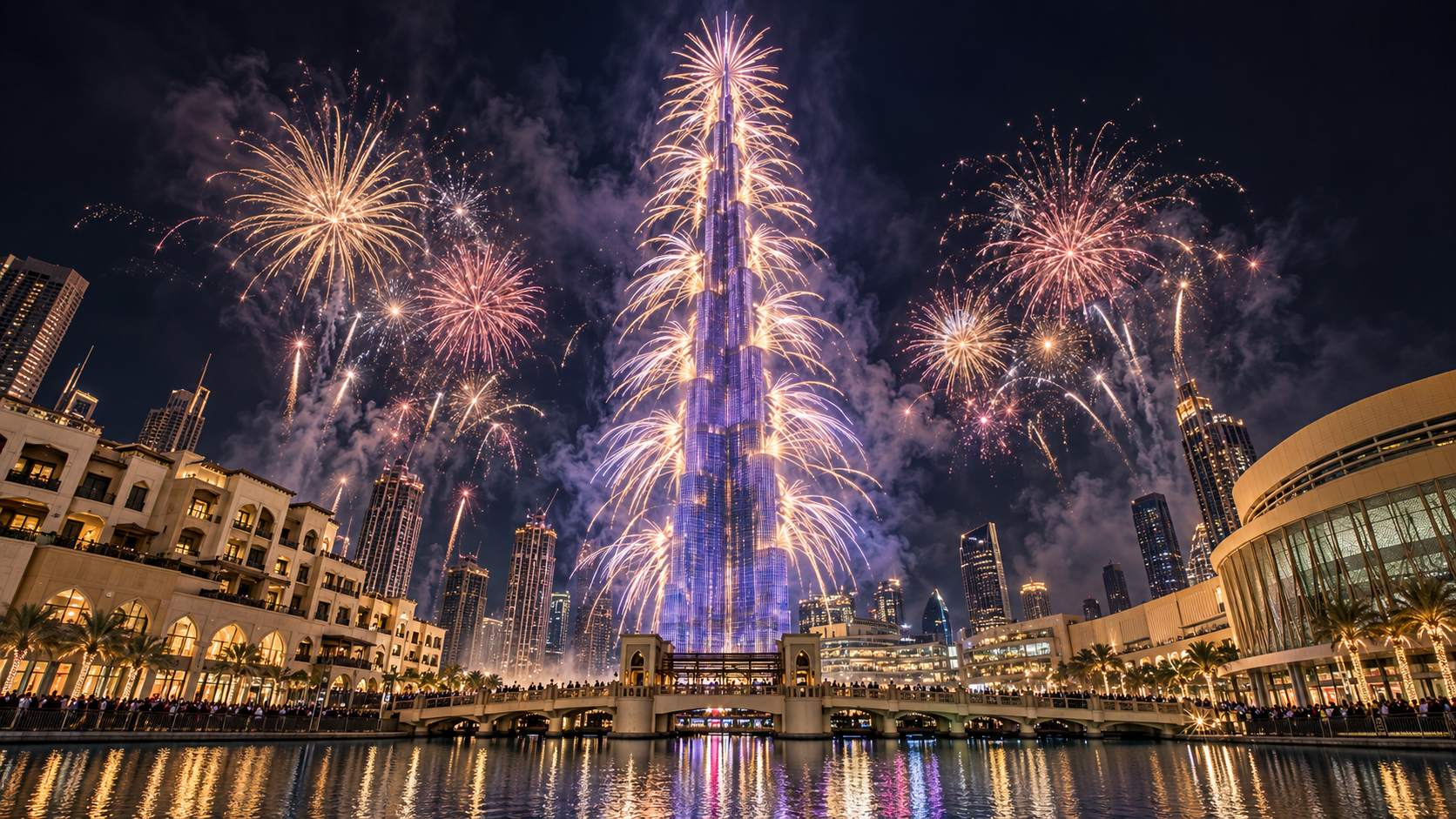Dubai’de Burj Khalifa çevresindeki yılbaşı havai fişekleri ve aydınlatılmış şehir silueti