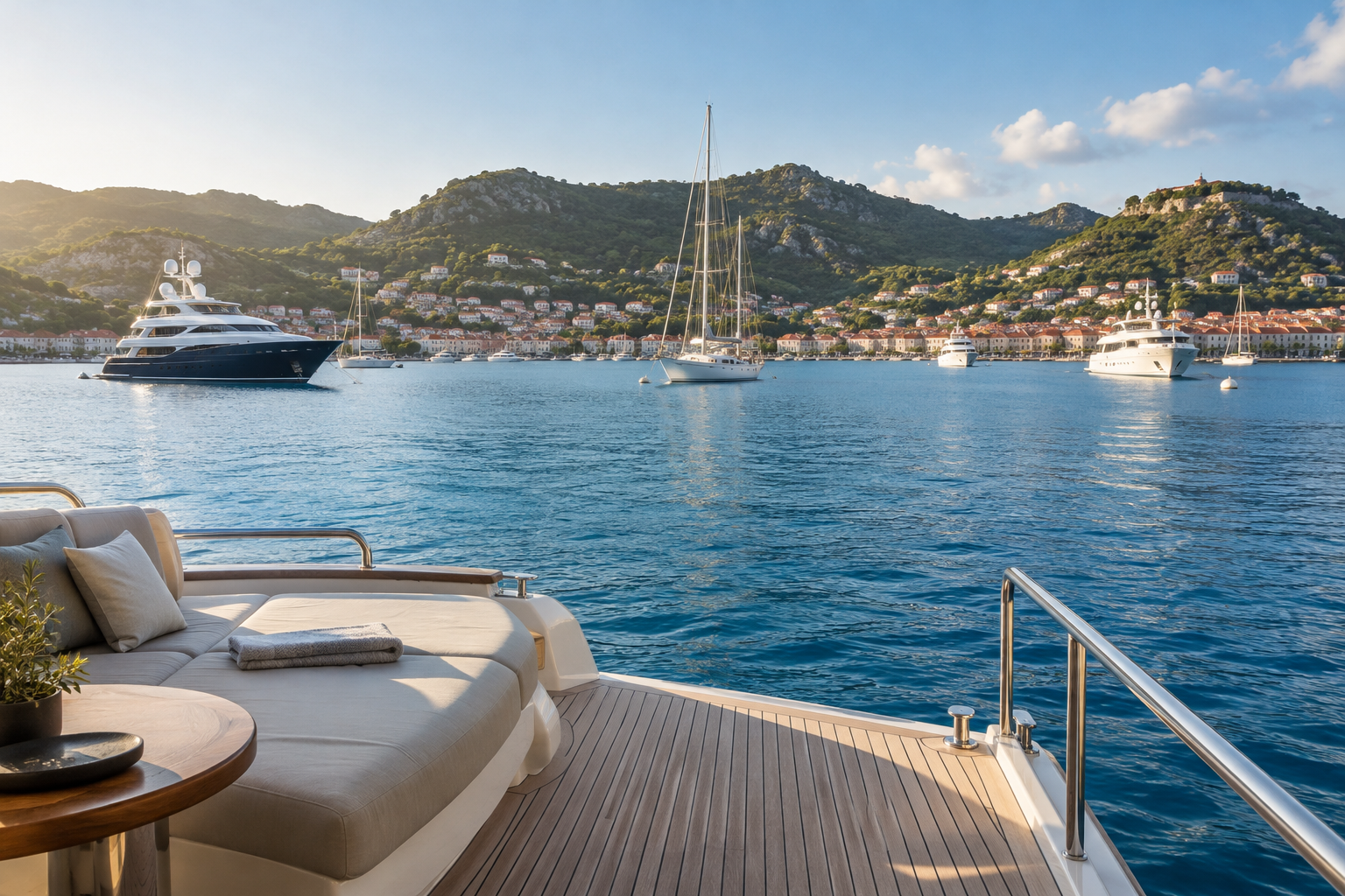 Gustavia açıklarında demirleyen yatlar ve sabah ışığında St. Barth’ın yeşil kıyıları