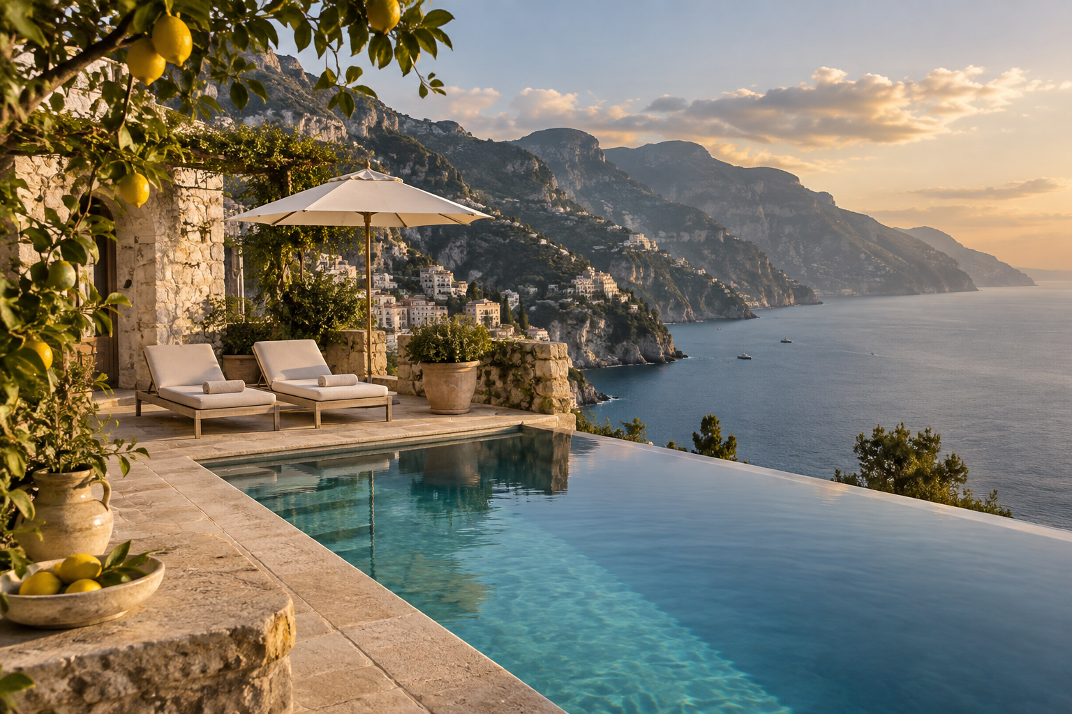 Amalfi Kıyısı’nda denize bakan taş teras, sonsuzluk havuzu ve gölgeli şezlonglar