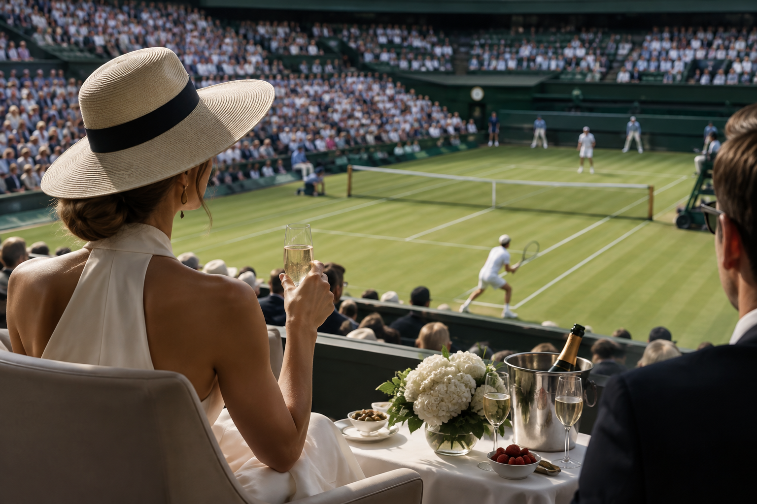 Wimbledon’da çizgileri belirgin çim kort, tenis filesi ve arka planda yeşil tribün koltukları