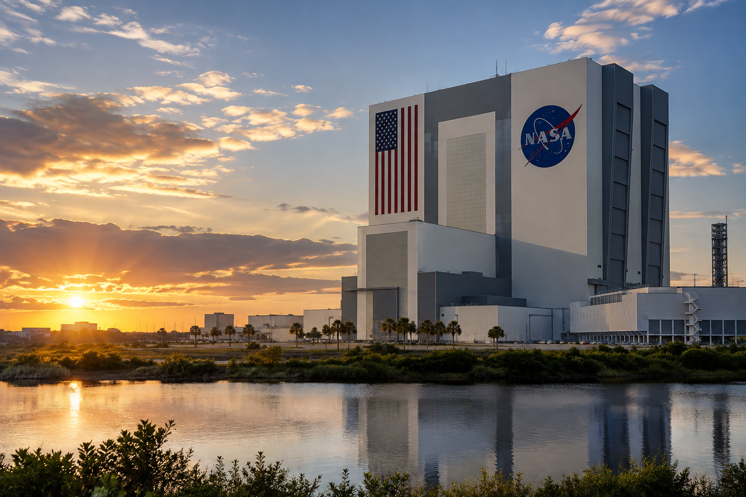 Kennedy Space Center Rocket Garden’da sabah ışığında sergilenen tarihi roketler
