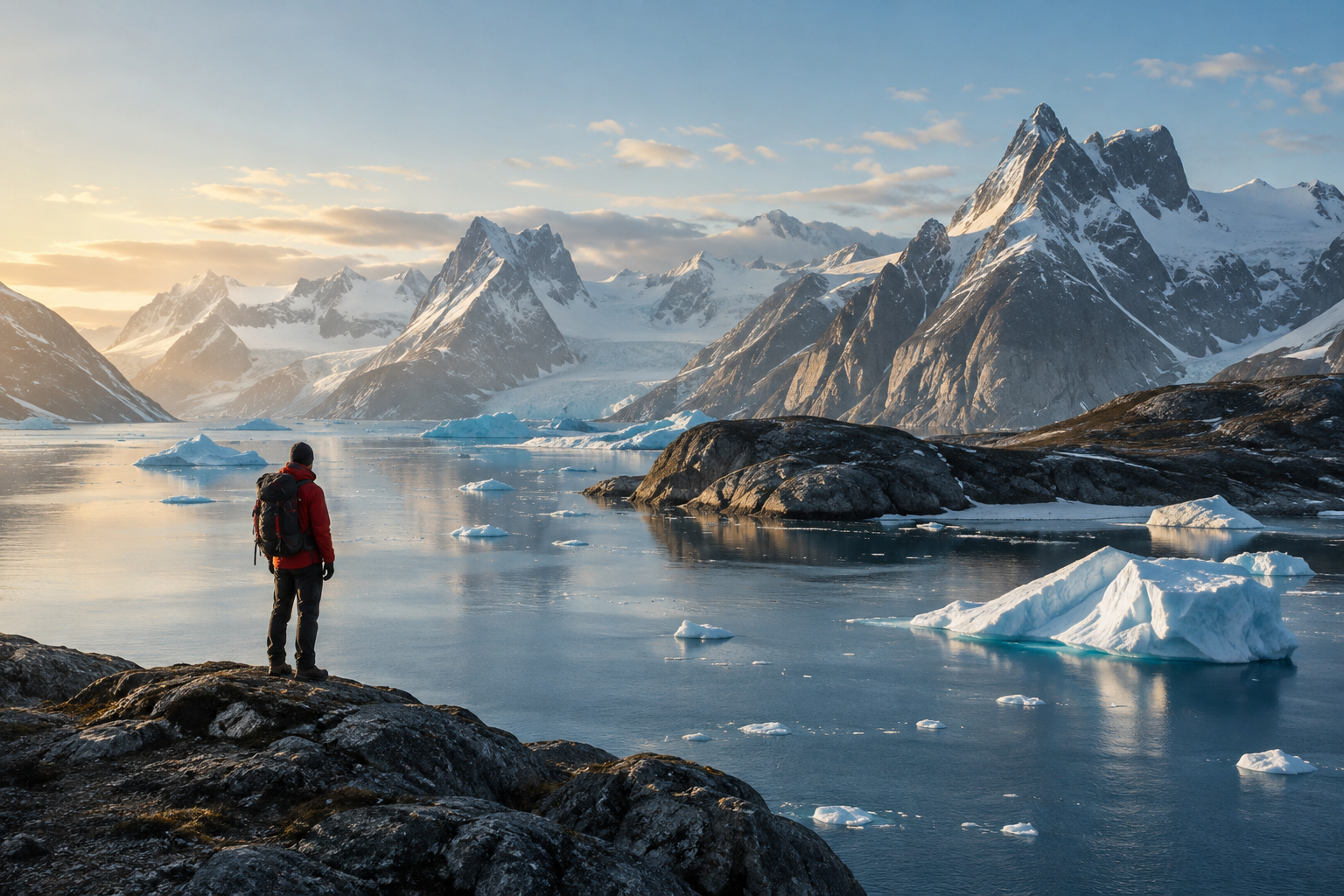 Ilulissat açıklarında yumuşak yaz ışığı altında yükselen buzdağları ve koyu renkli Arktik suları.