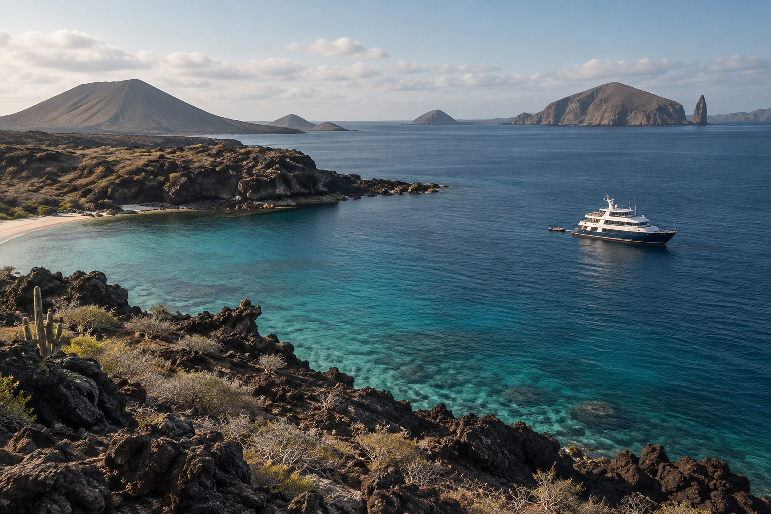 Galápagos’ta koyu volkanik kıyının açığında duran küçük keşif yatı ve turkuaz deniz