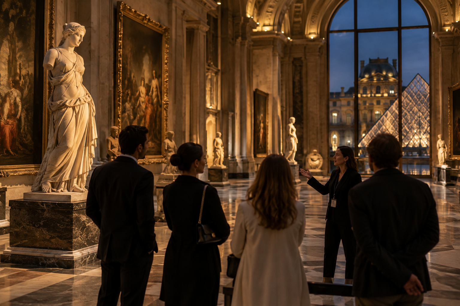 Akşam ışığında Louvre Sarayı’nın taş cepheleri ve avludaki cam piramit