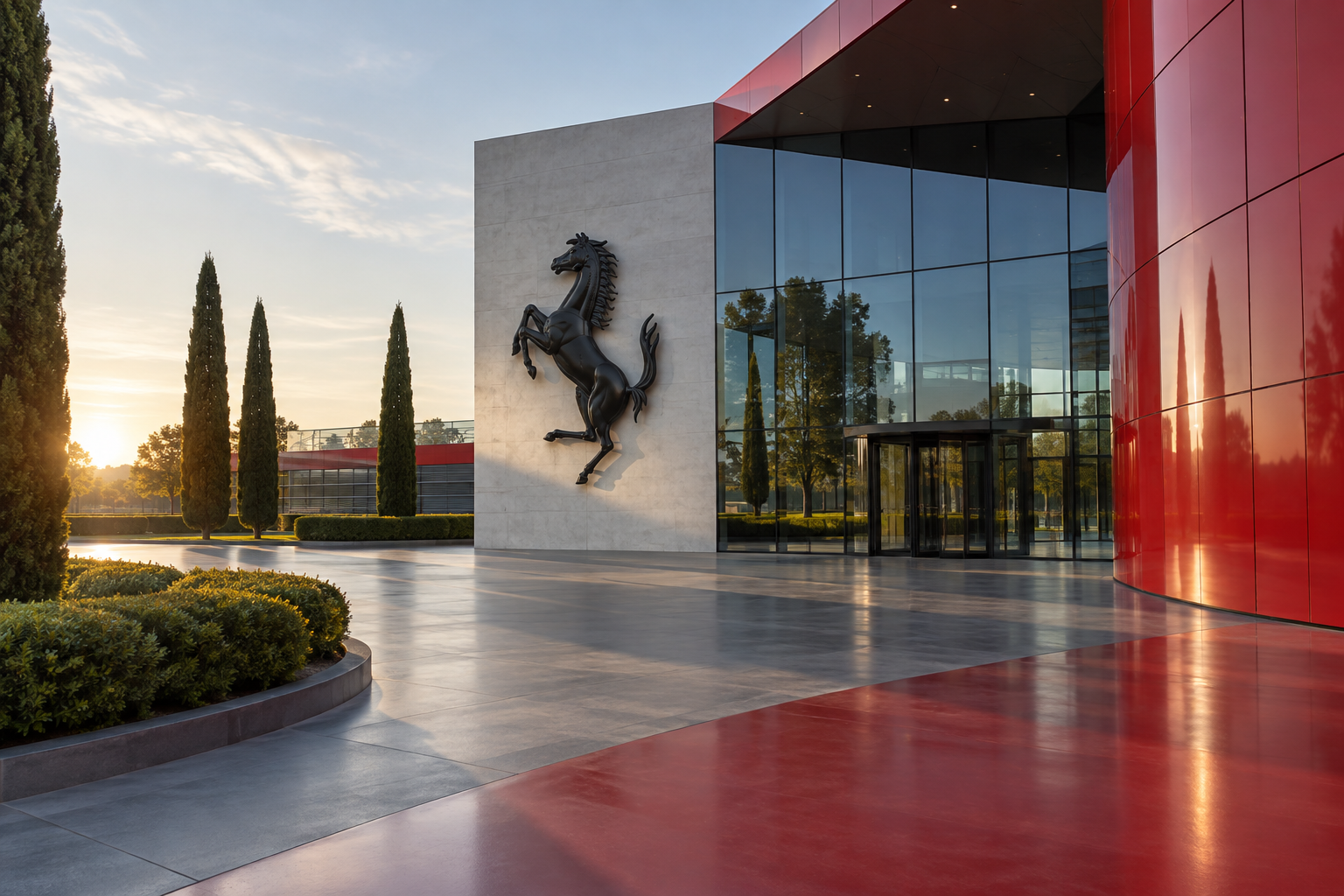 Maranello’daki Ferrari Müzesi’nin doğal ışık altındaki çağdaş dış cephesi ve sakin giriş alanı