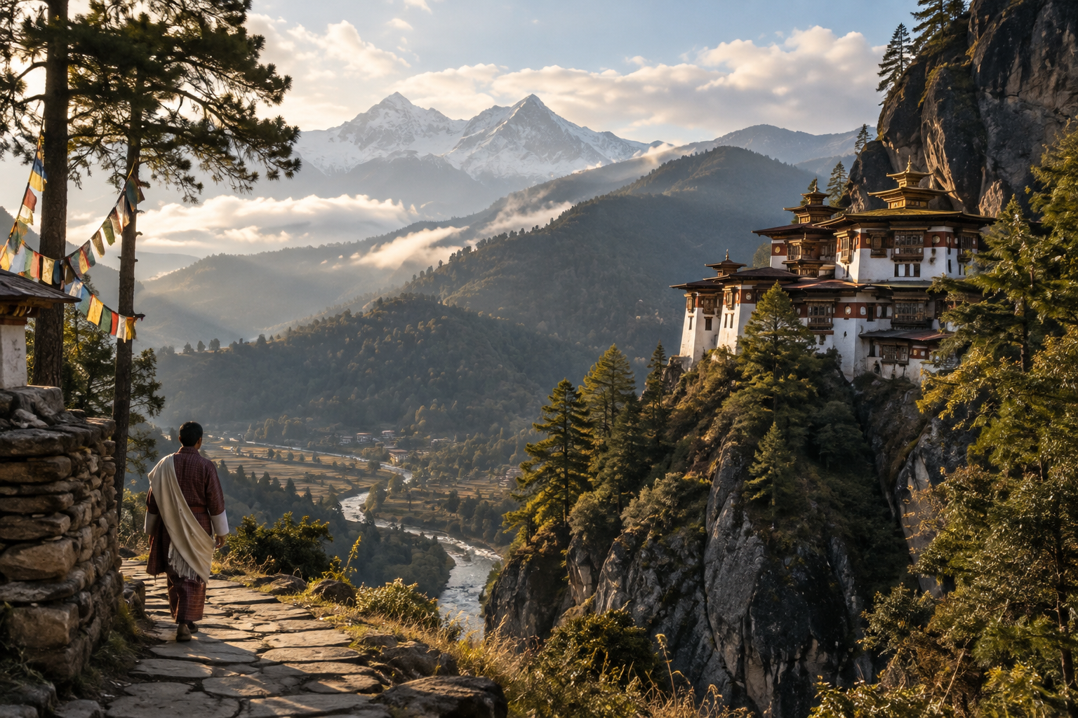 Bhutan’da çam ormanları ve sisli dağlarla çevrili bir vadide geleneksel mimarili lodge