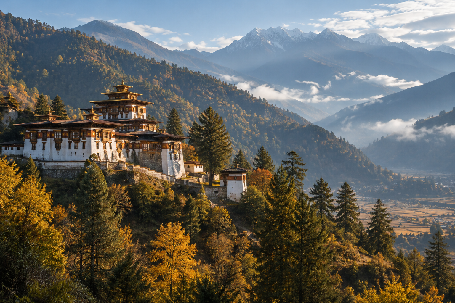 Bhutan’da ormanlık dağ yamaçları arasında, sabah ışığında geleneksel manastır mimarisi