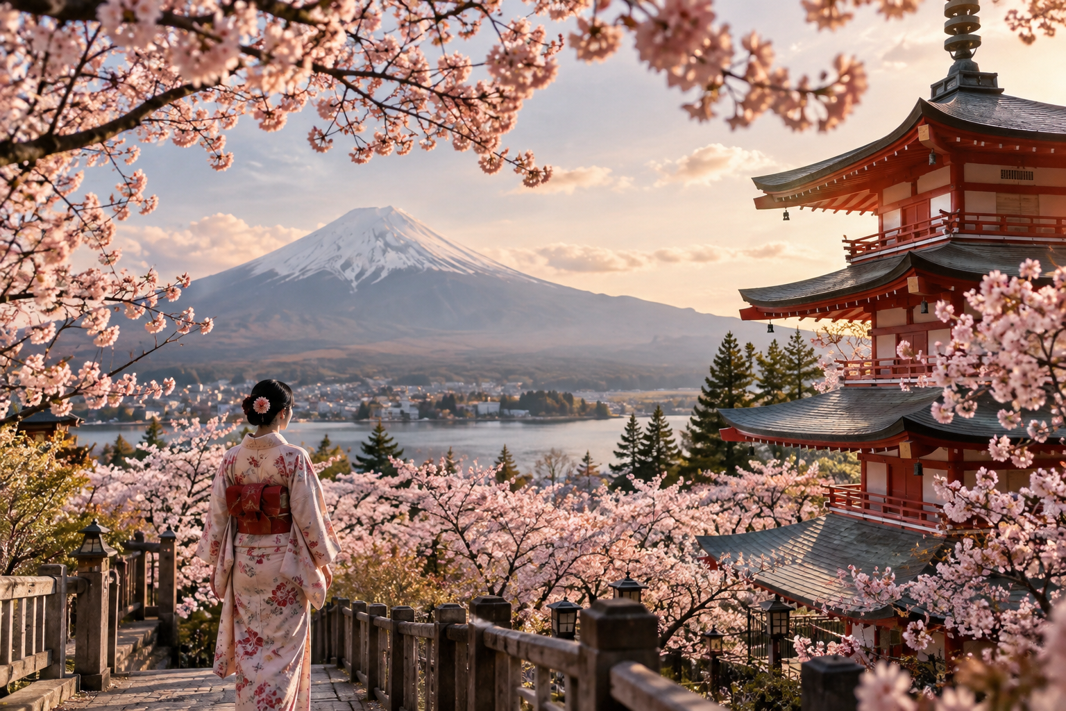 Kyoto’da bir kanal boyunca uzanan pembe kiraz çiçekleri ve sabah ışığında taş yürüyüş yolu