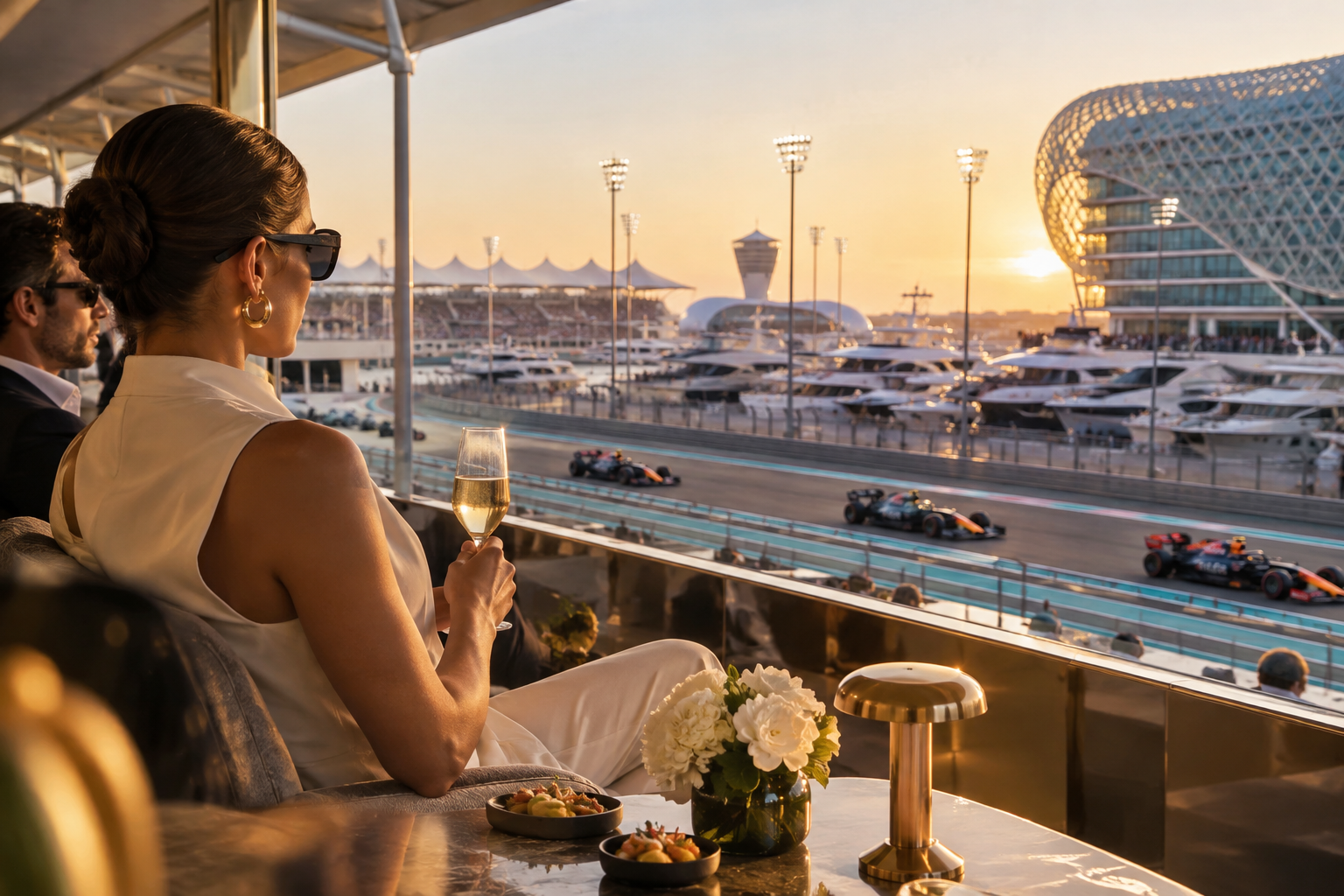 Yas Marina Circuit’te piste ve marinaya bakan bir terasın gün batımı görünümü